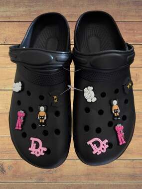 Black Foam Clog Sandals with KAWS and Dior Style PVC Shoe Charms